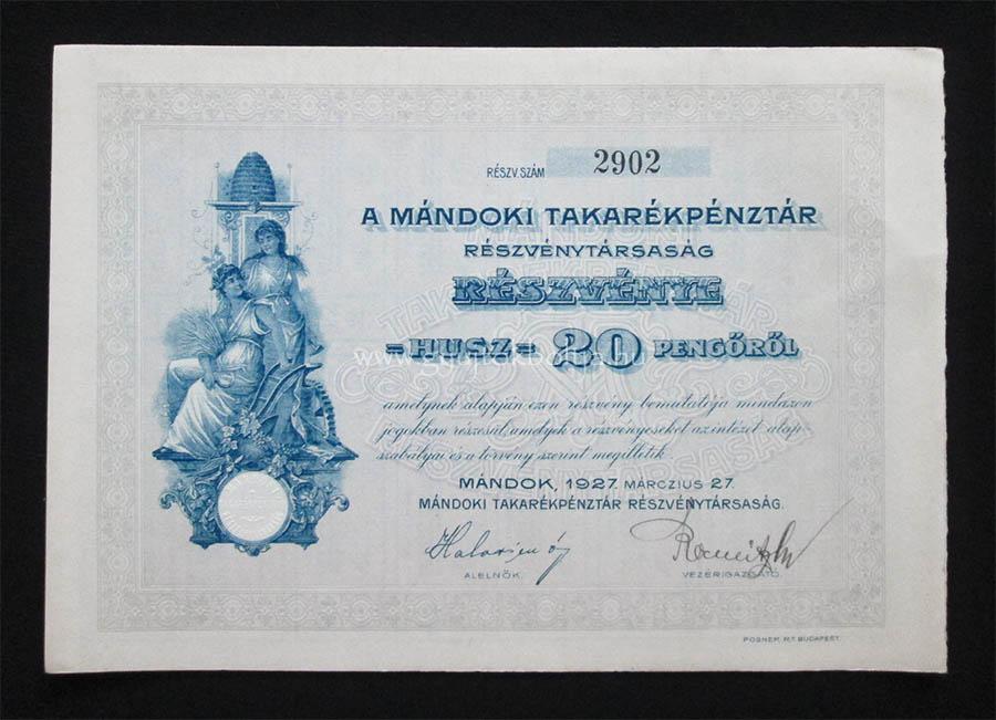 Mándoki Takarékpénztár részvény 20 pengő 1927